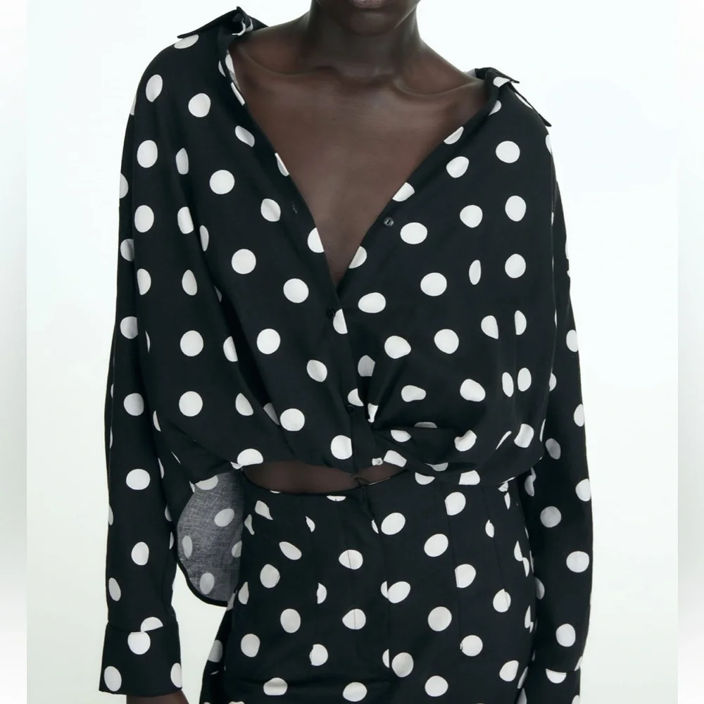 Zara NWT linen black & white polka dot knot front button front long sleeve shirt - Picture 5 of 10